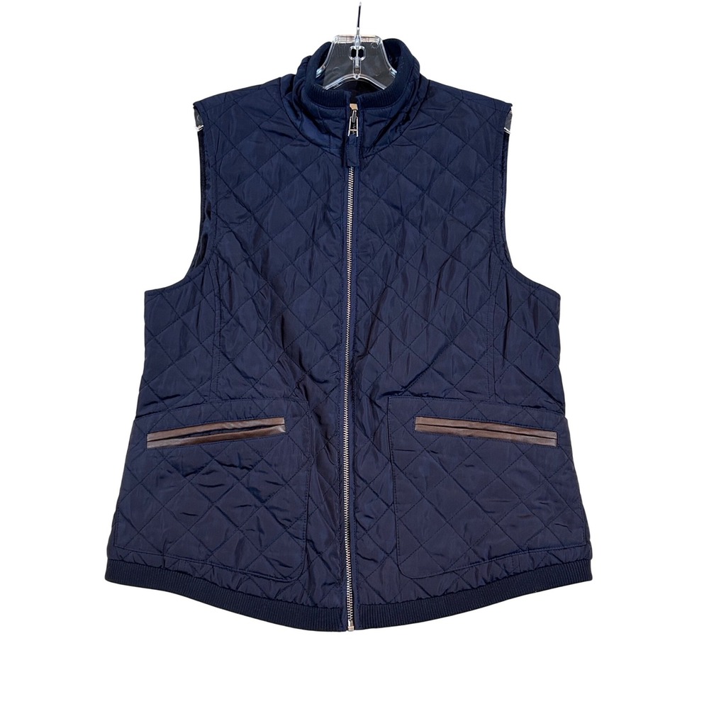 Talbots Petites Navy Blue Quilted Puffer Vest Faux Leather Trim Small SP Preppy